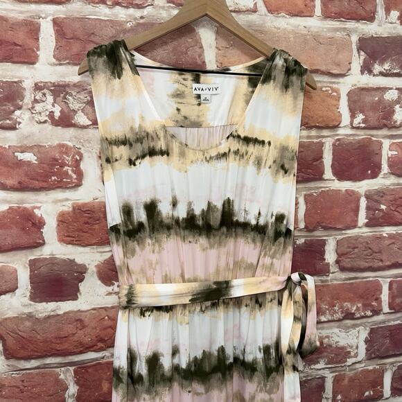 Ava & Viv Dress Womens 2X Multicolor Boho Abstract Striped Belted Casual Popover - Picture 3 of 8